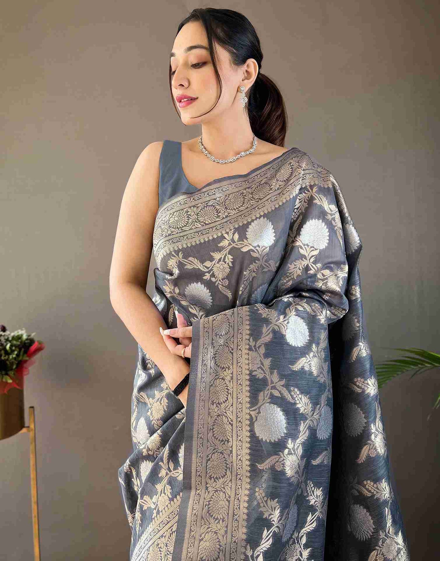 Steel Grey Silk Woven Banarasi Saree