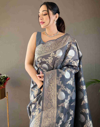 Steel Grey Silk Woven Banarasi Saree