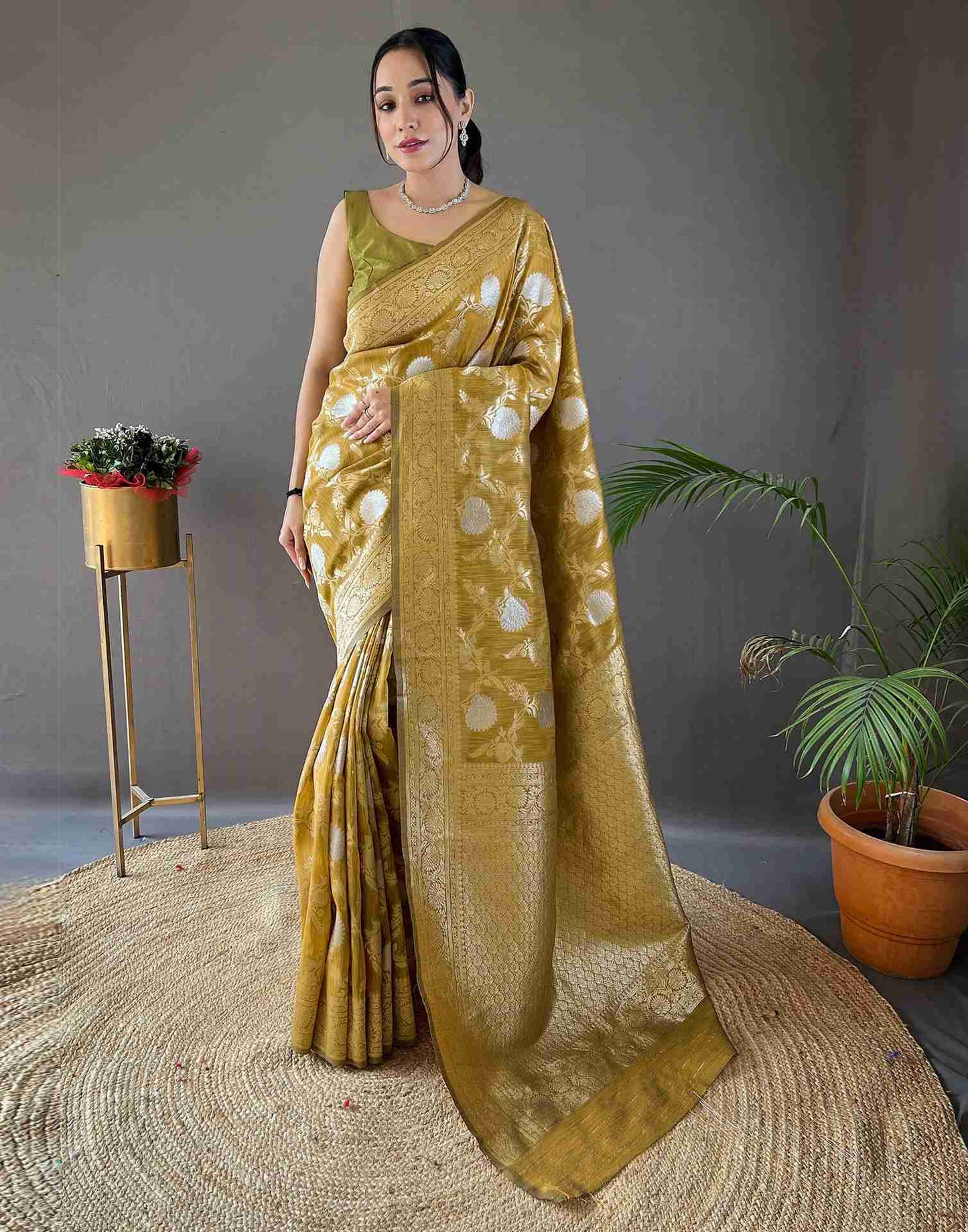 Lime Green Silk Woven Banarasi Saree