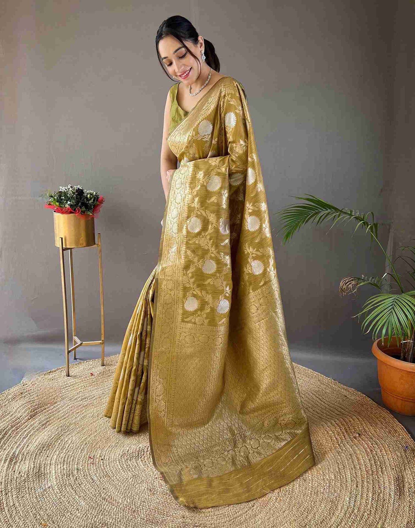 Lime Green Silk Woven Banarasi Saree