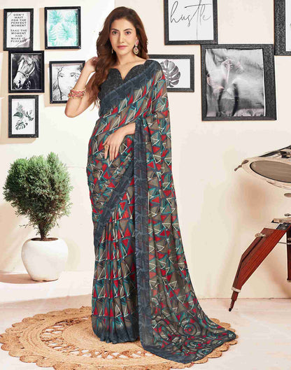 Dark Grey Georgette Geometric Printed Saree