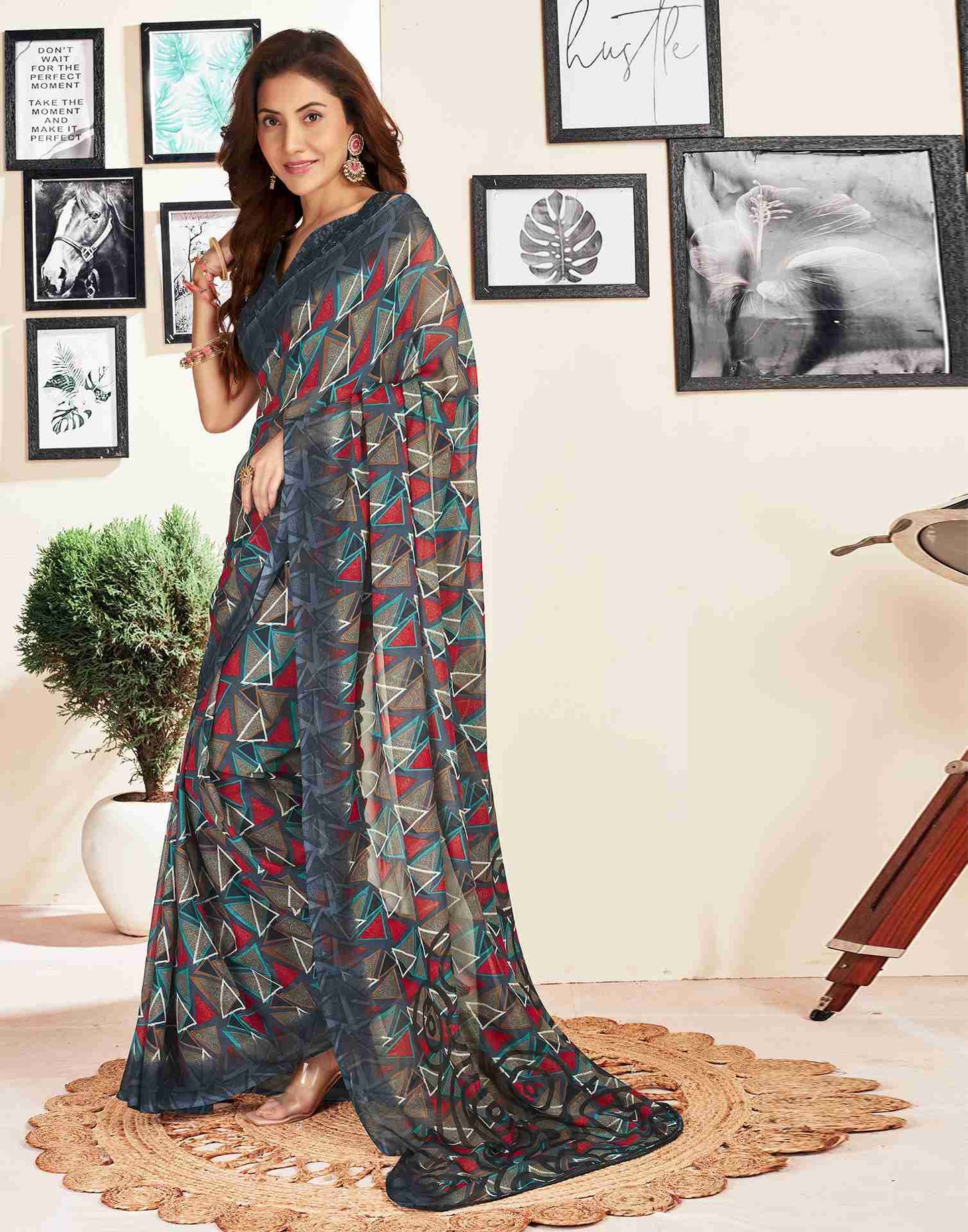 Dark Grey Georgette Geometric Printed Saree