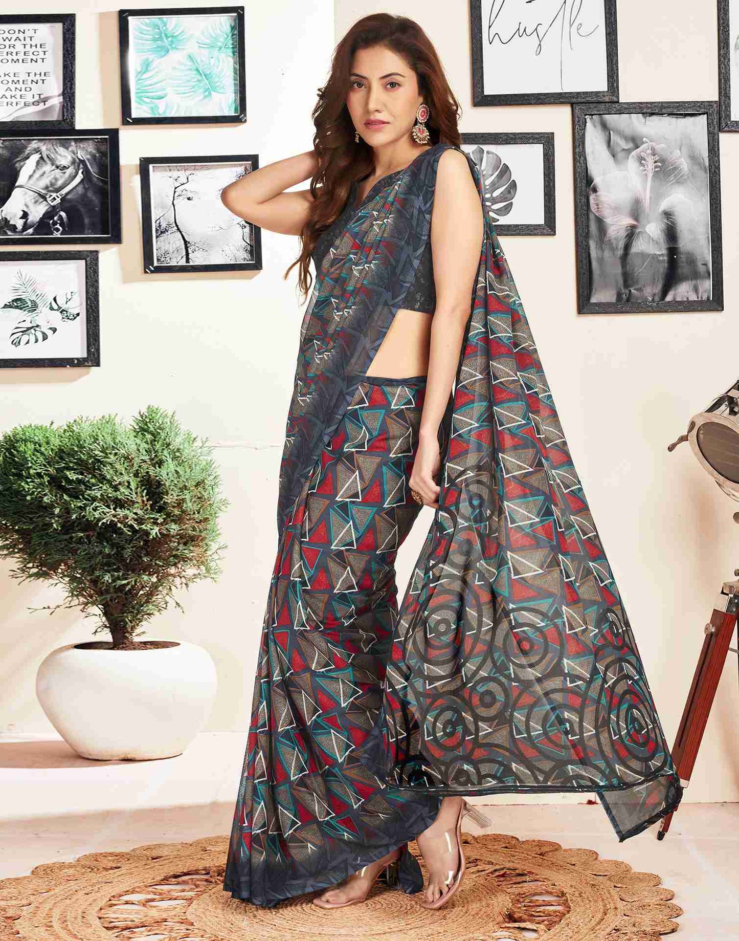 Dark Grey Georgette Geometric Printed Saree