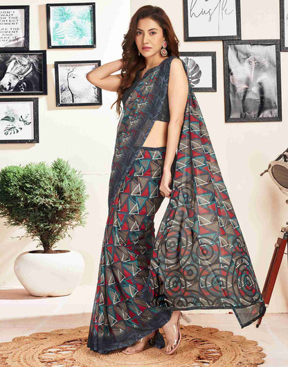 Dark Grey Georgette Geometric Printed Saree