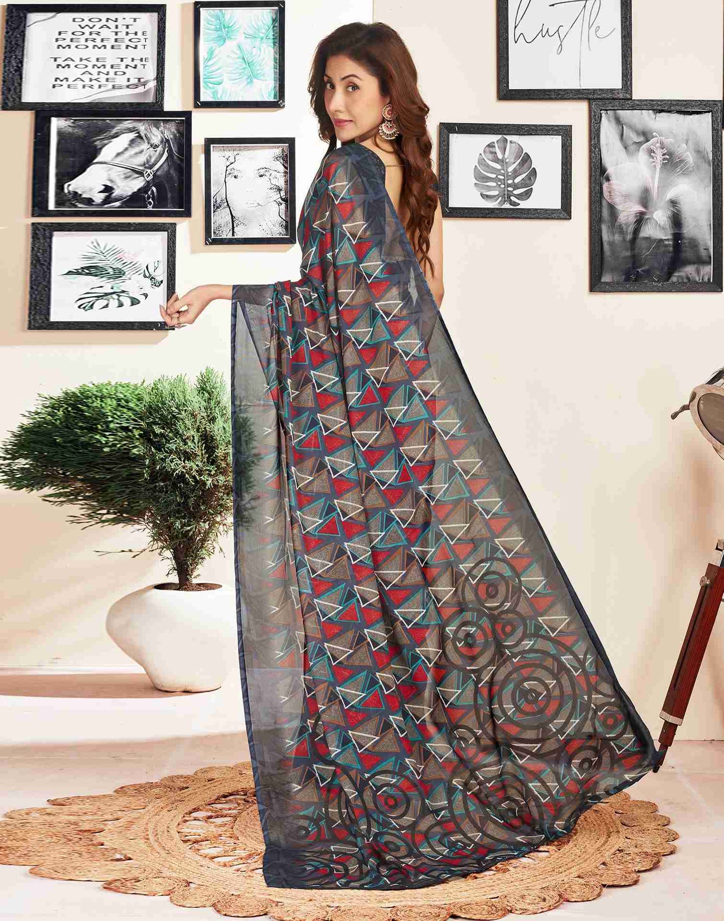 Dark Grey Georgette Geometric Printed Saree