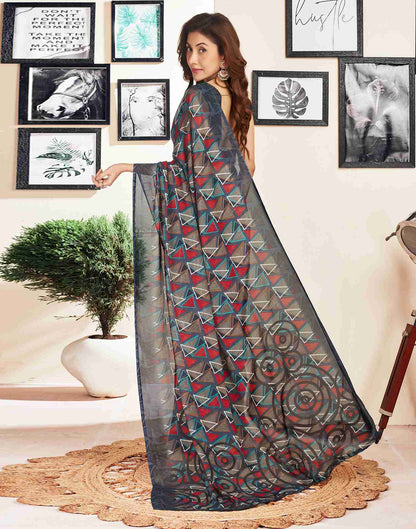 Dark Grey Georgette Geometric Printed Saree