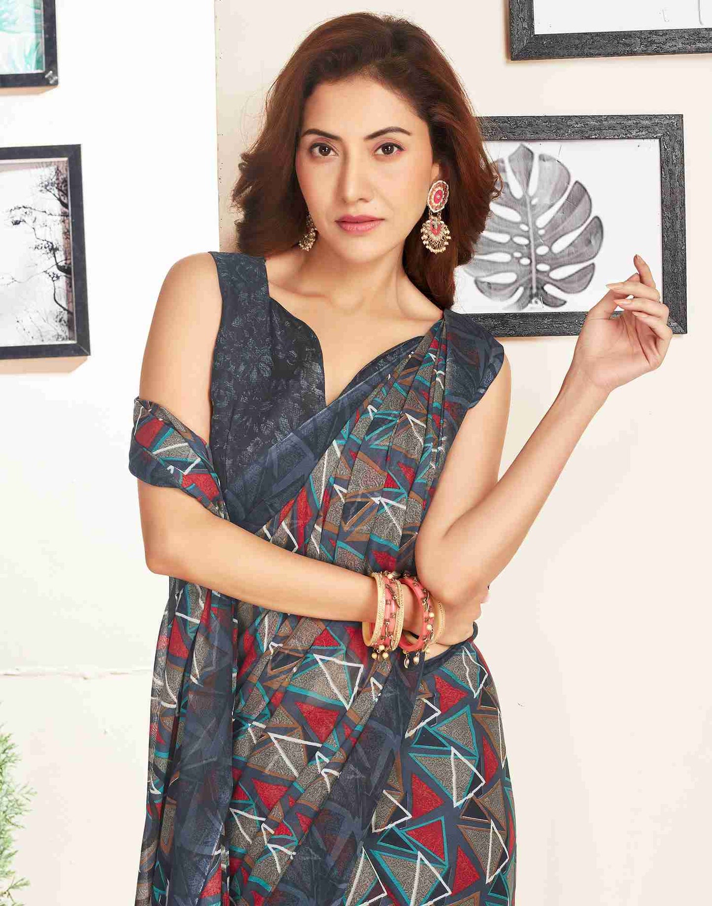 Dark Grey Georgette Geometric Printed Saree