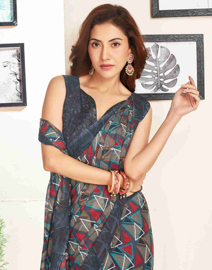 Dark Grey Georgette Geometric Printed Saree