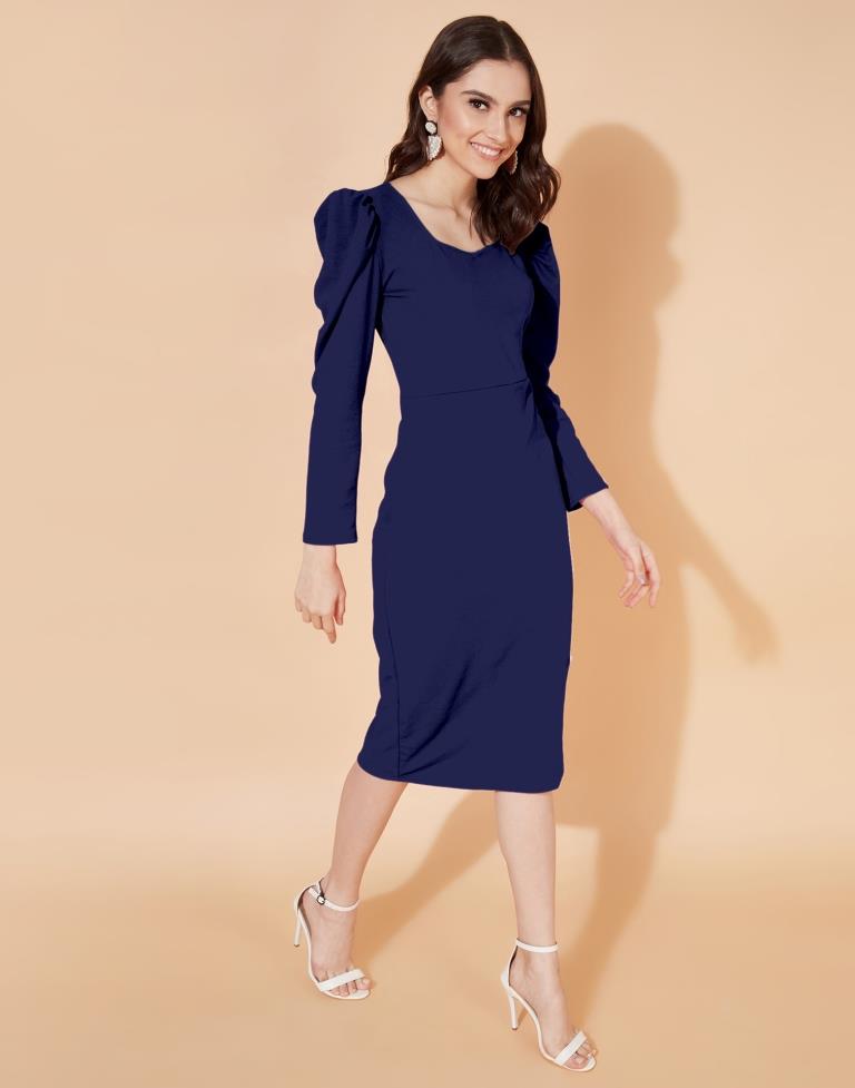 Navy Blue Puff Sleeve Bodycon | Sudathi