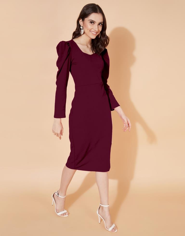 Maroon Puff Sleeve Bodycon | Sudathi