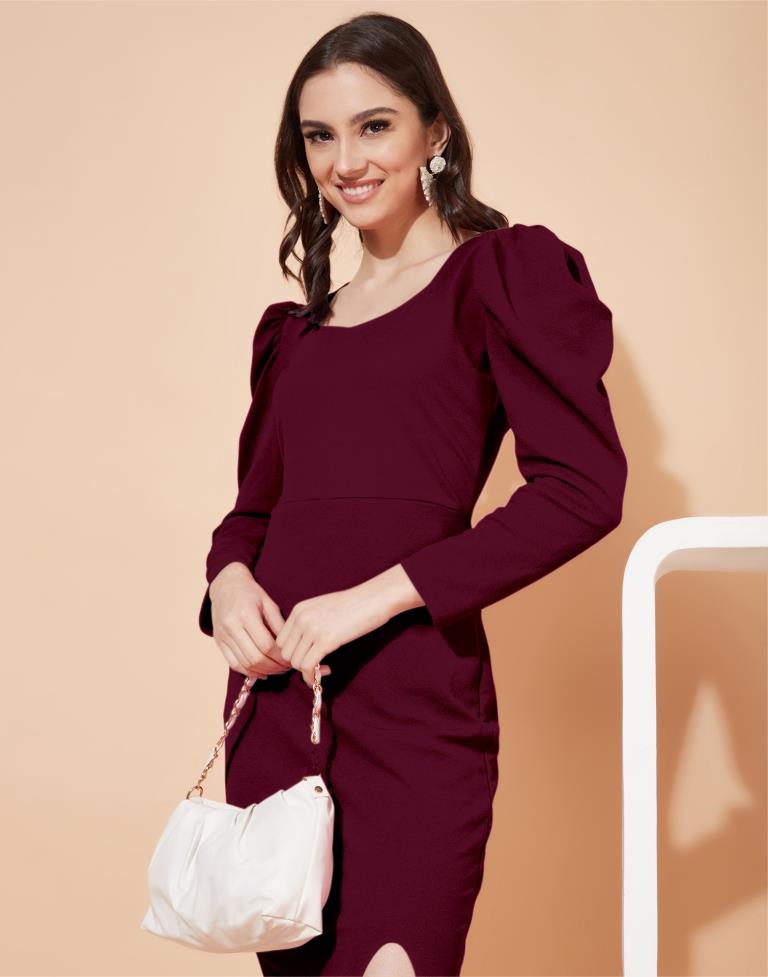 Maroon Puff Sleeve Bodycon | Sudathi