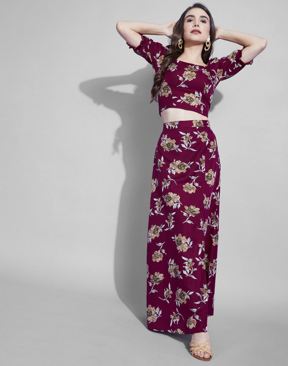 Maroon Slit Co-Ords Set | Leemboodi