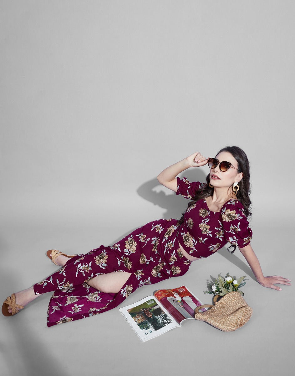 Maroon Slit Co-Ords Set | Leemboodi