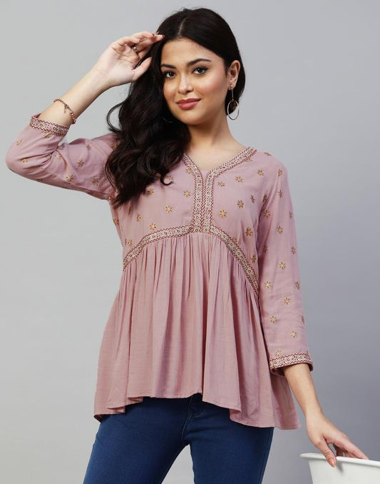 Dusty Pink Rayon Embroidery V-neck Gathered Top | Leemboodi