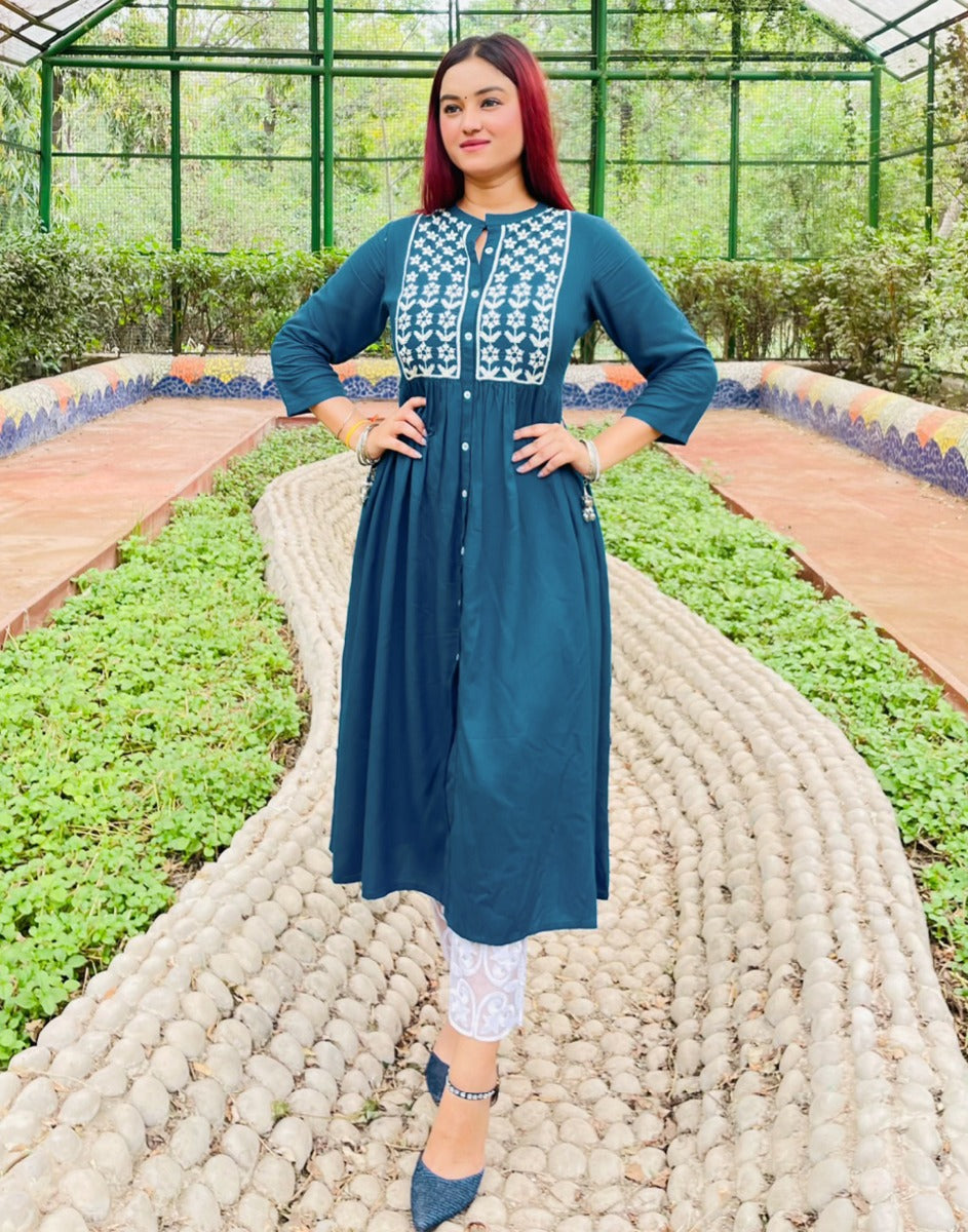 Teal Embroidered Kurti | Sudathi