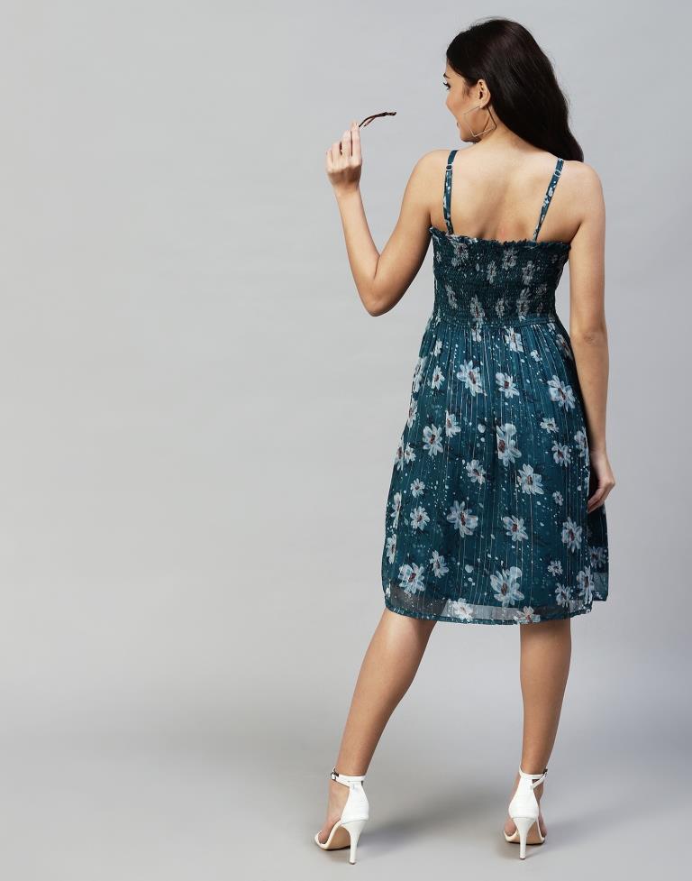 Teal Embroidery Cotton Flared Dress