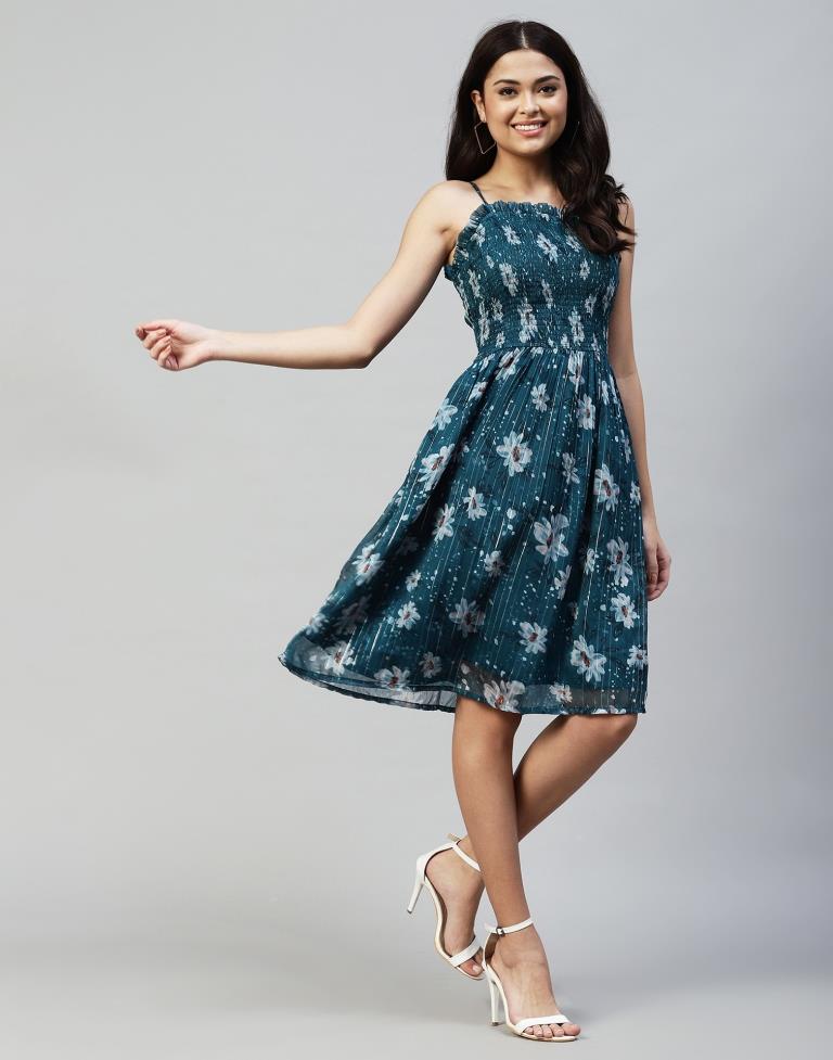 Teal Embroidery Cotton Flared Dress