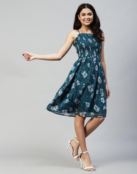 Teal Embroidery Cotton Flared Dress