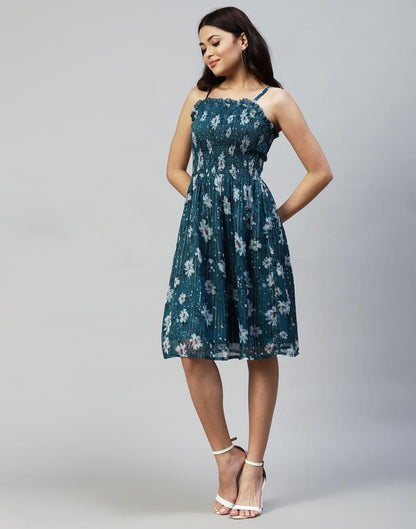 Teal Embroidery Cotton Flared Dress