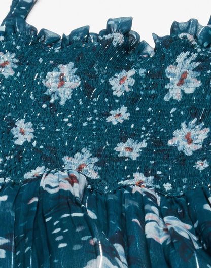 Teal Embroidery Cotton Flared Dress