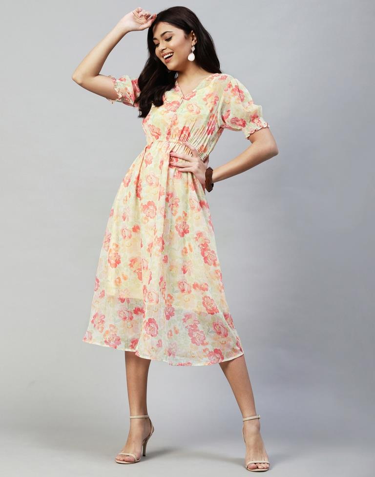 Pastel Yellow Printed Chiffon Flared Dress