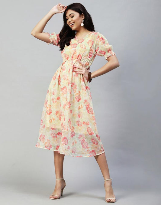 Pastel Yellow Printed Chiffon Flared Dress