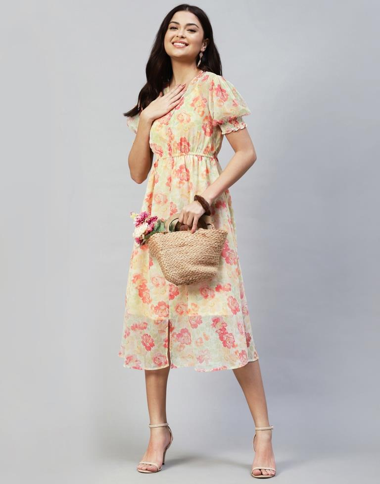 Pastel Yellow Printed Chiffon Flared Dress