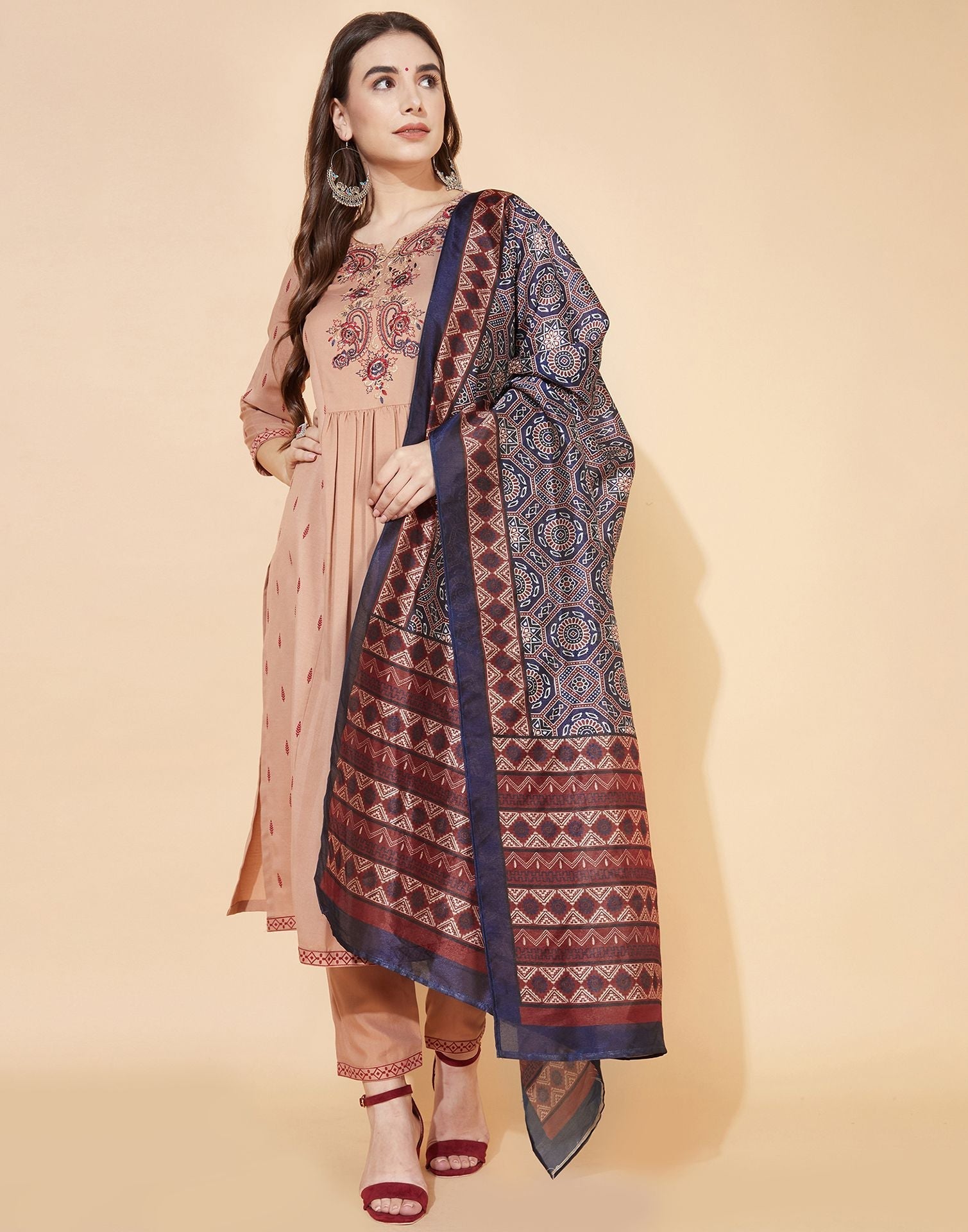 Brown Kurti With Pant And Dupatta | Leemboodi