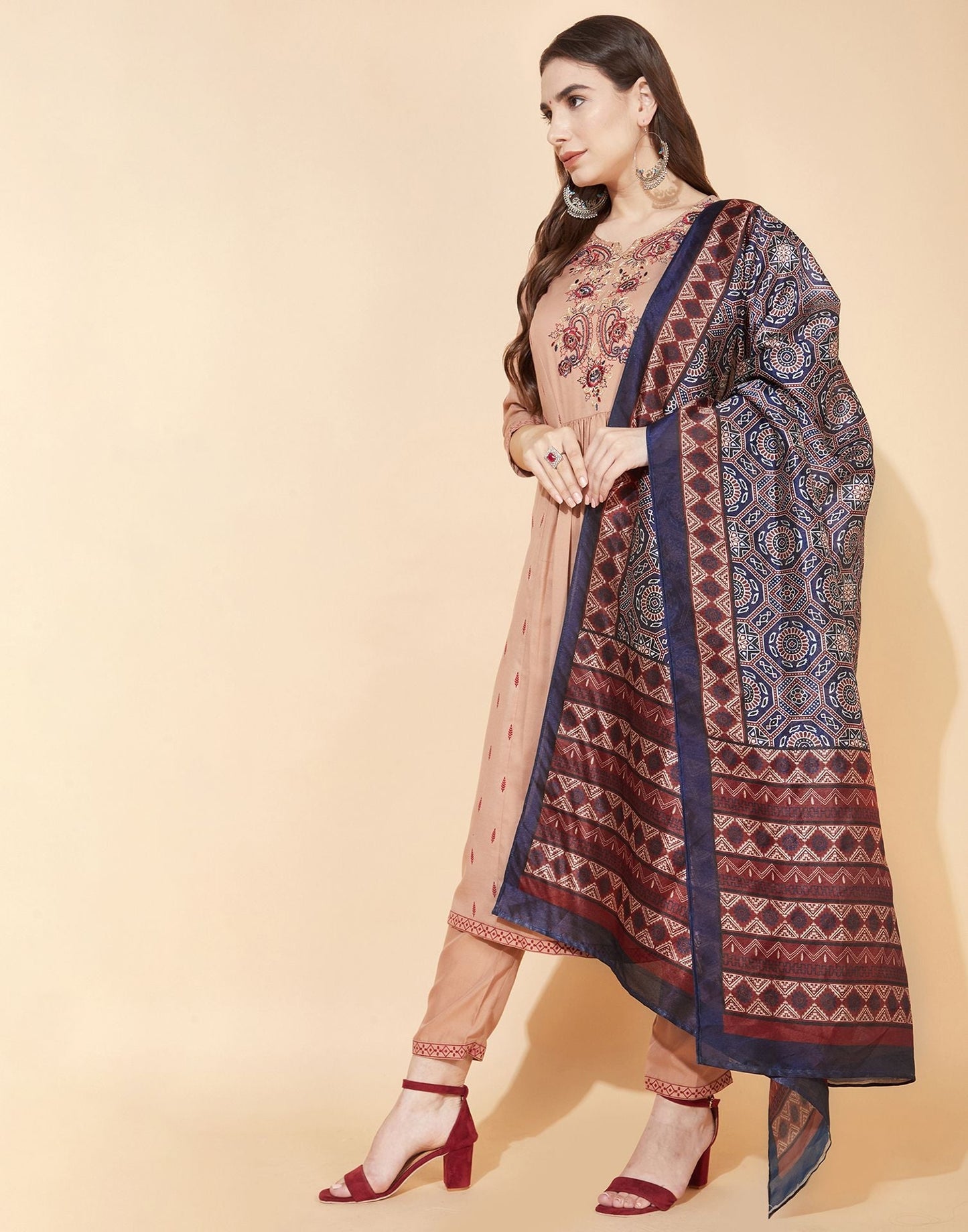 Brown Kurti With Pant And Dupatta | Leemboodi