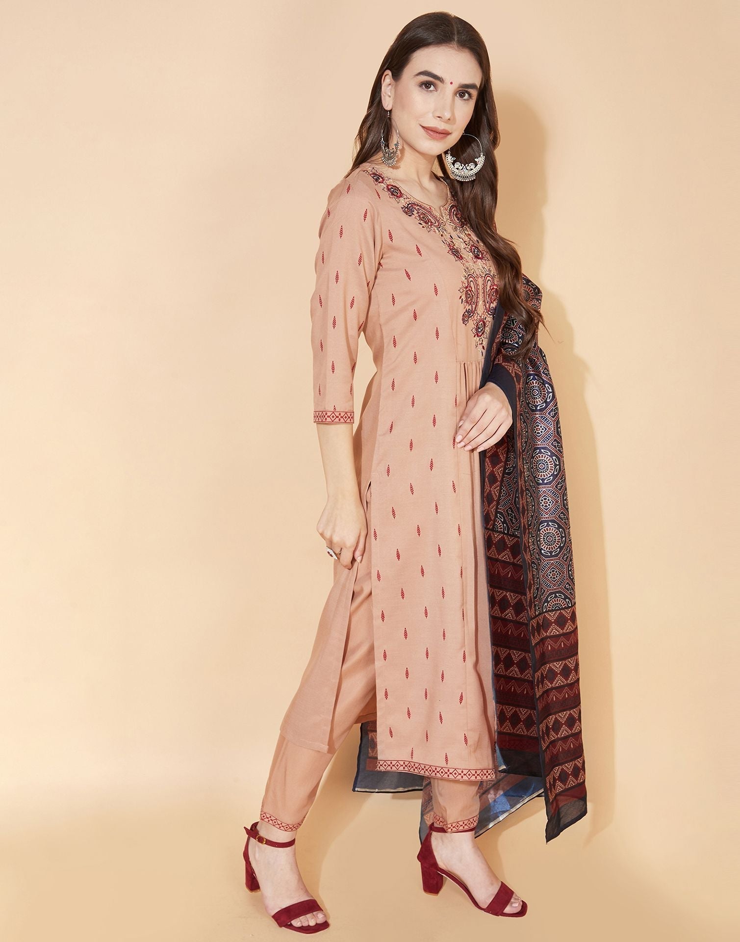 Brown Kurti With Pant And Dupatta | Leemboodi