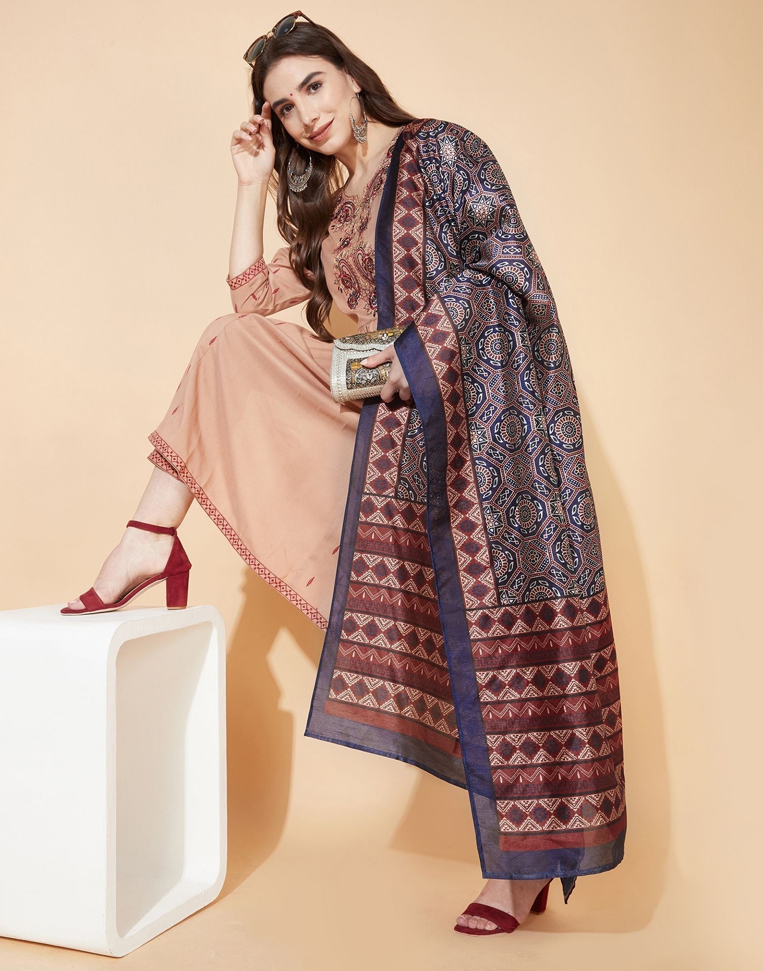 Brown Kurti With Pant And Dupatta | Leemboodi