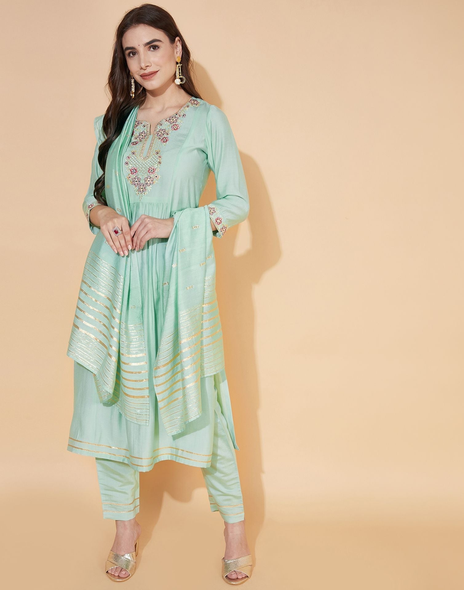 Aqua Green Silk Embroidery Kurti With Pant And Dupatta | Leemboodi