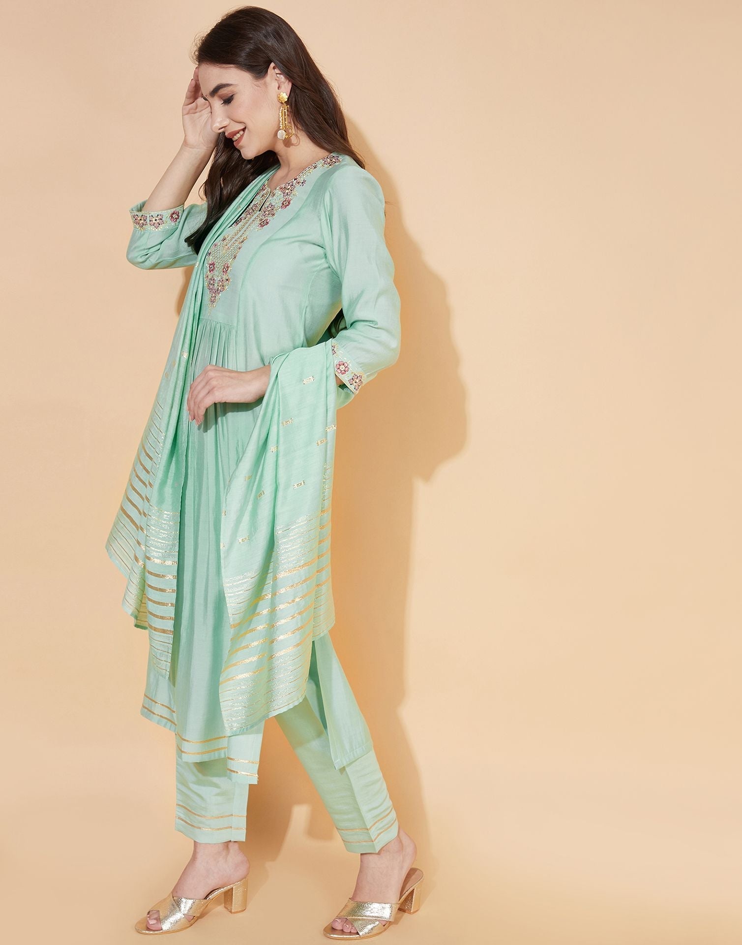 Aqua Green Silk Embroidery Kurti With Pant And Dupatta | Leemboodi