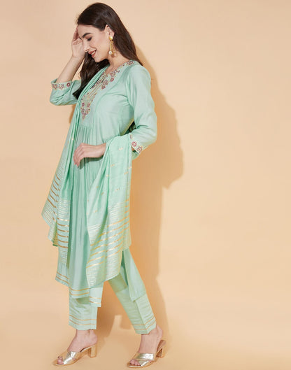 Aqua Green Silk Embroidery Kurti With Pant And Dupatta | Leemboodi