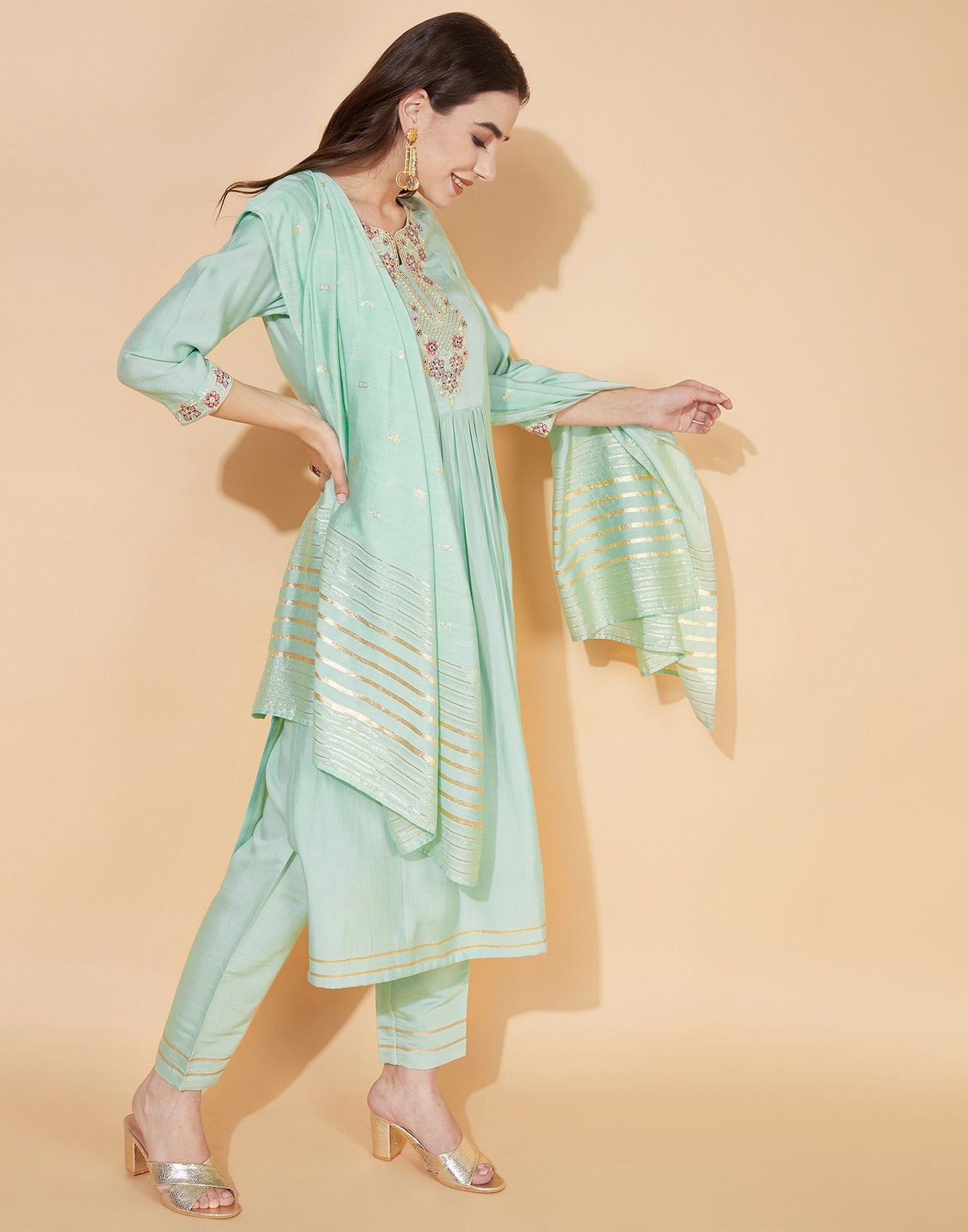 Aqua Green Silk Embroidery Kurti With Pant And Dupatta | Leemboodi