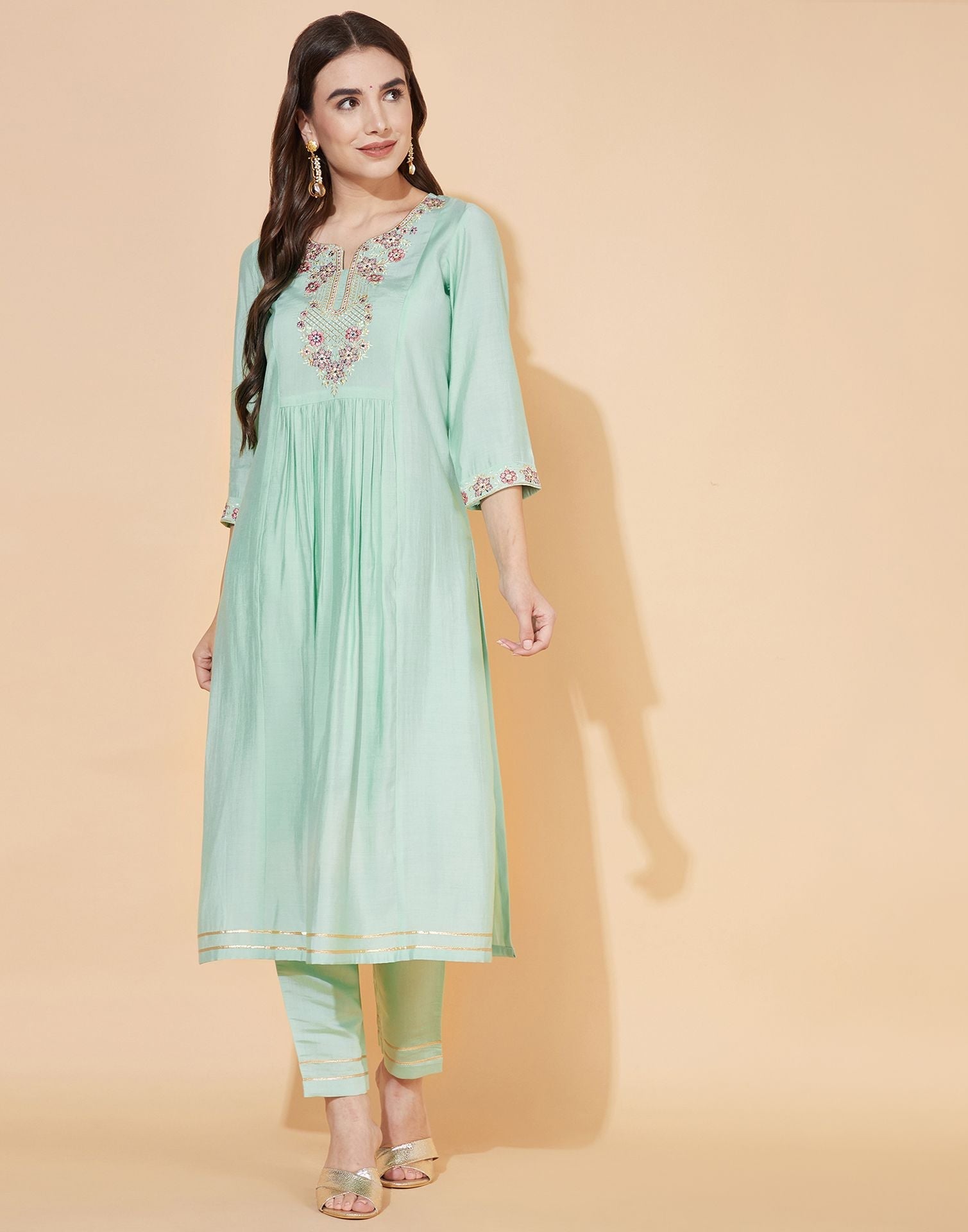 Aqua Green Silk Embroidery Kurti With Pant And Dupatta | Leemboodi