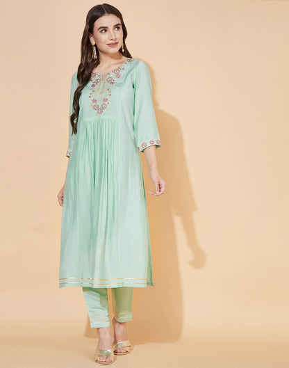 Aqua Green Silk Embroidery Kurti With Pant And Dupatta | Leemboodi