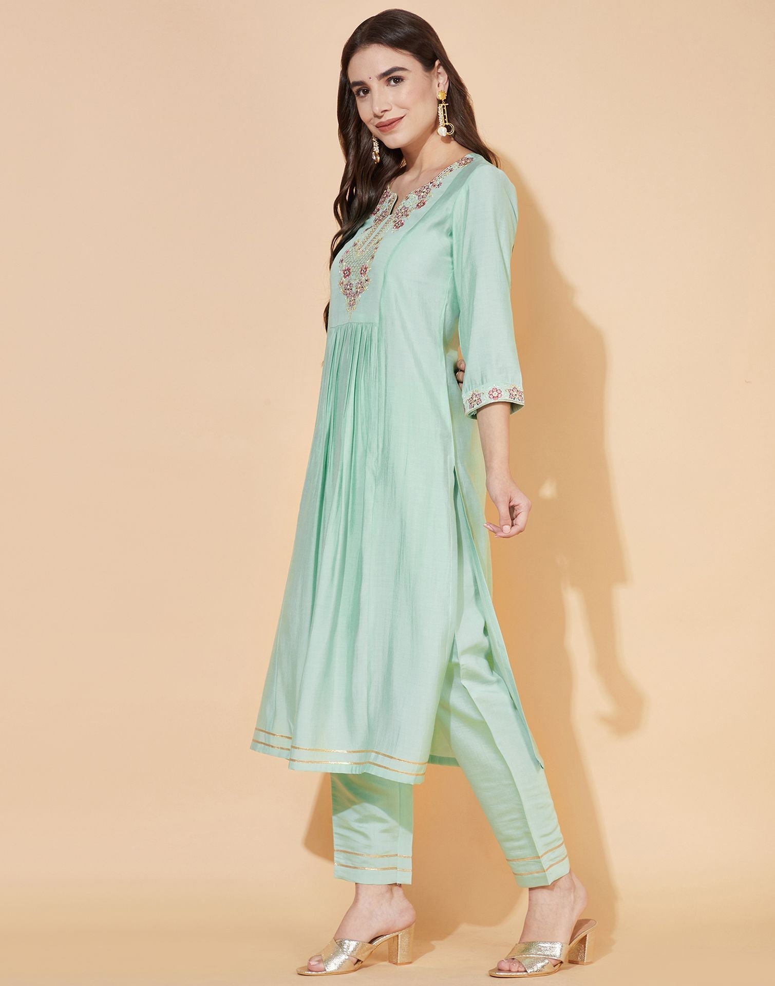 Aqua Green Silk Embroidery Kurti With Pant And Dupatta | Leemboodi