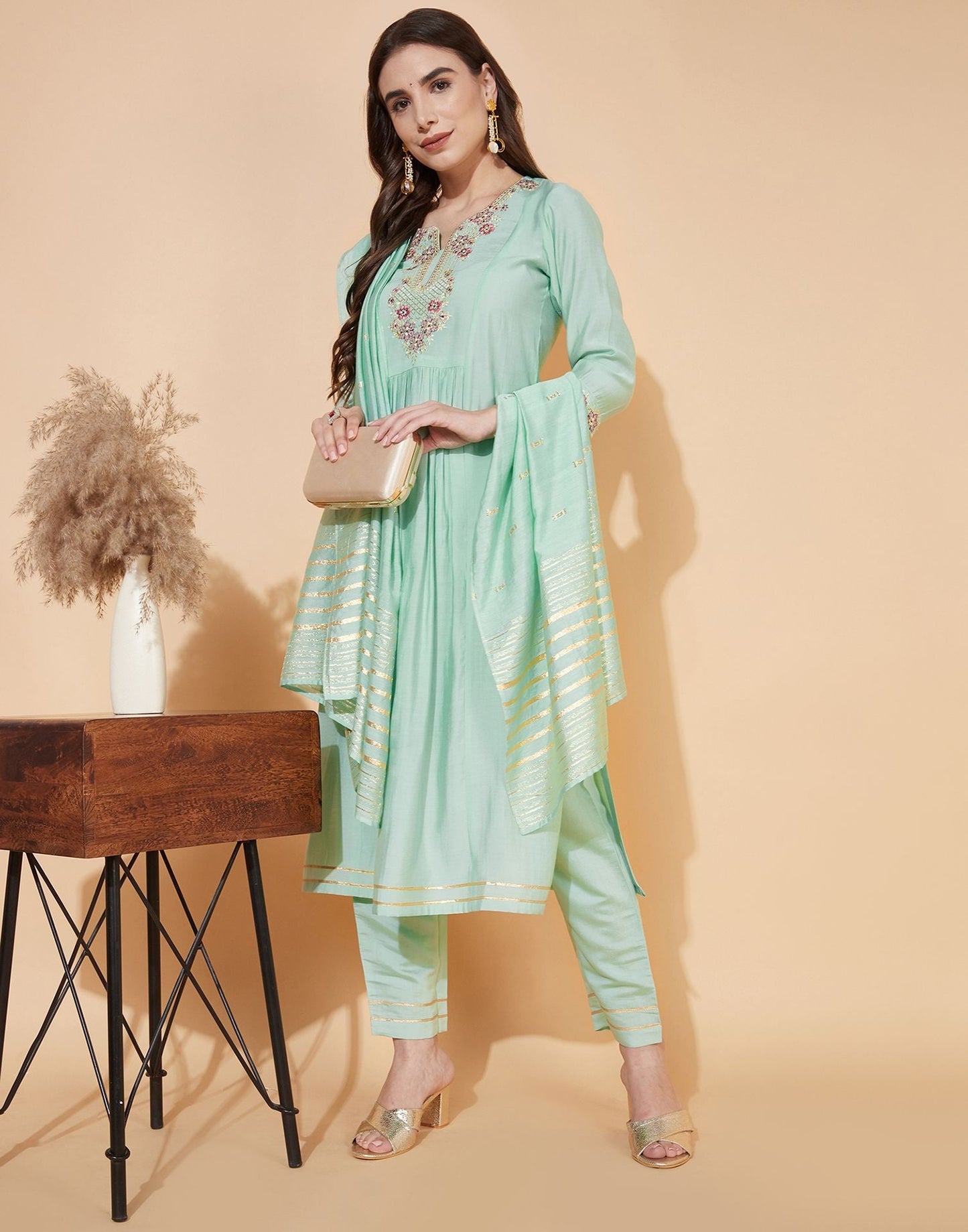 Aqua Green Silk Embroidery Kurti With Pant And Dupatta | Leemboodi