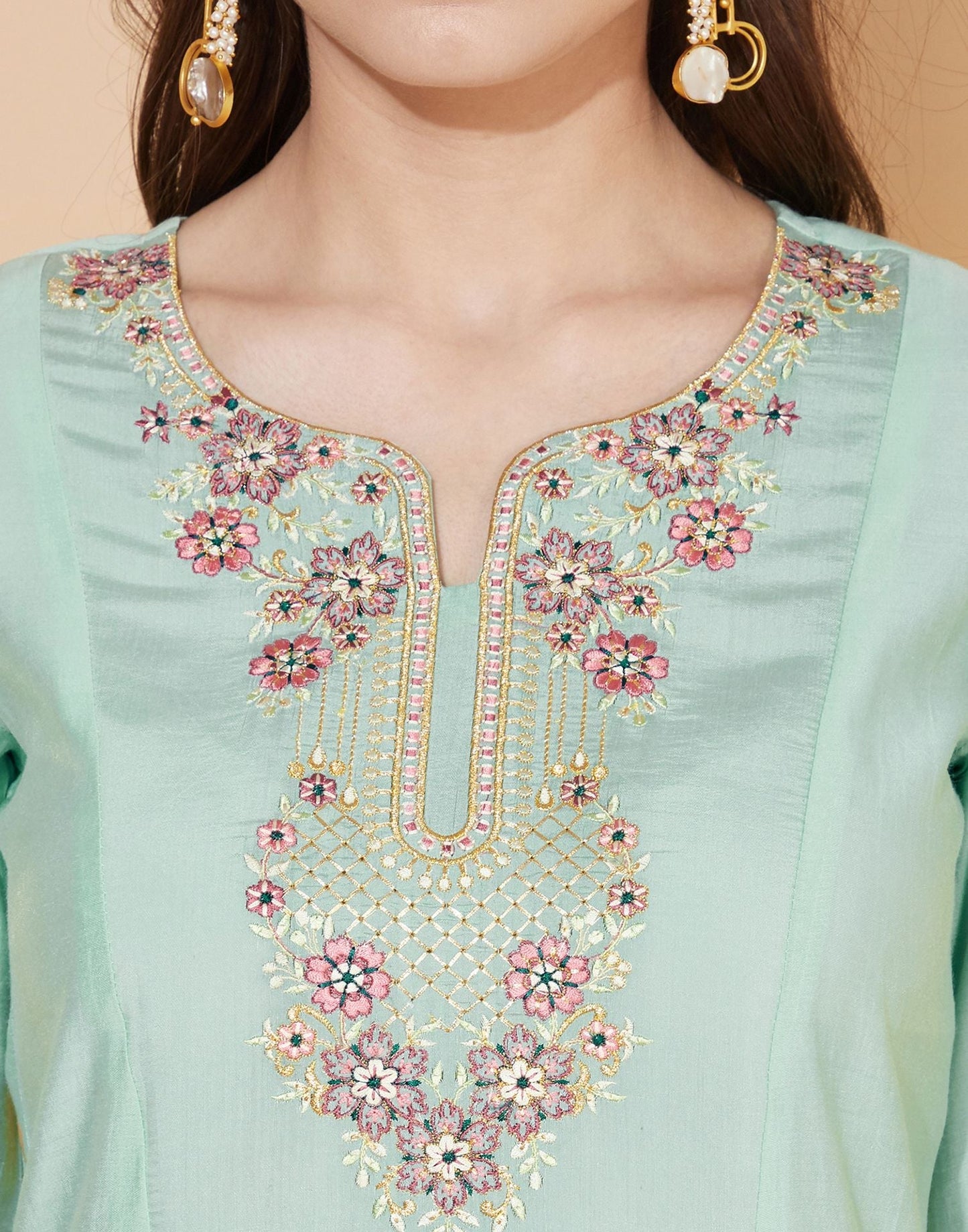 Aqua Green Silk Embroidery Kurti With Pant And Dupatta | Leemboodi