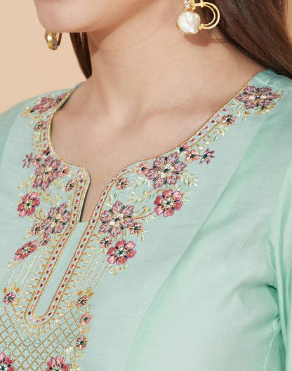 Aqua Green Silk Embroidery Kurti With Pant And Dupatta | Leemboodi