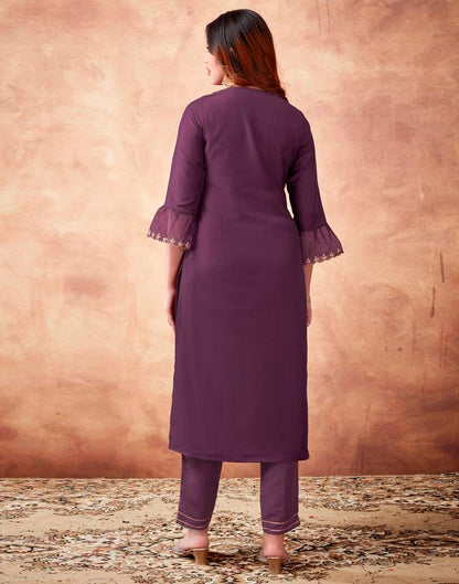 Wine Embroidered Kurta With Pant And Dupatta