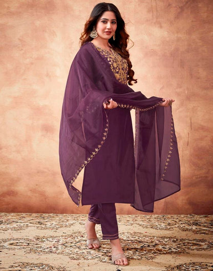 Wine Embroidered Kurta With Pant And Dupatta