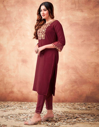 Maroon Embroidered Chinnon Kurta With Pant And Dupatta