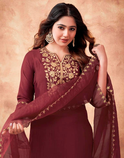 Maroon Embroidered Chinnon Kurta With Pant And Dupatta