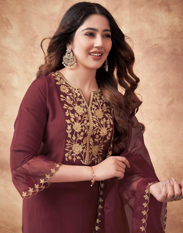 Maroon Embroidered Chinnon Kurta With Pant And Dupatta