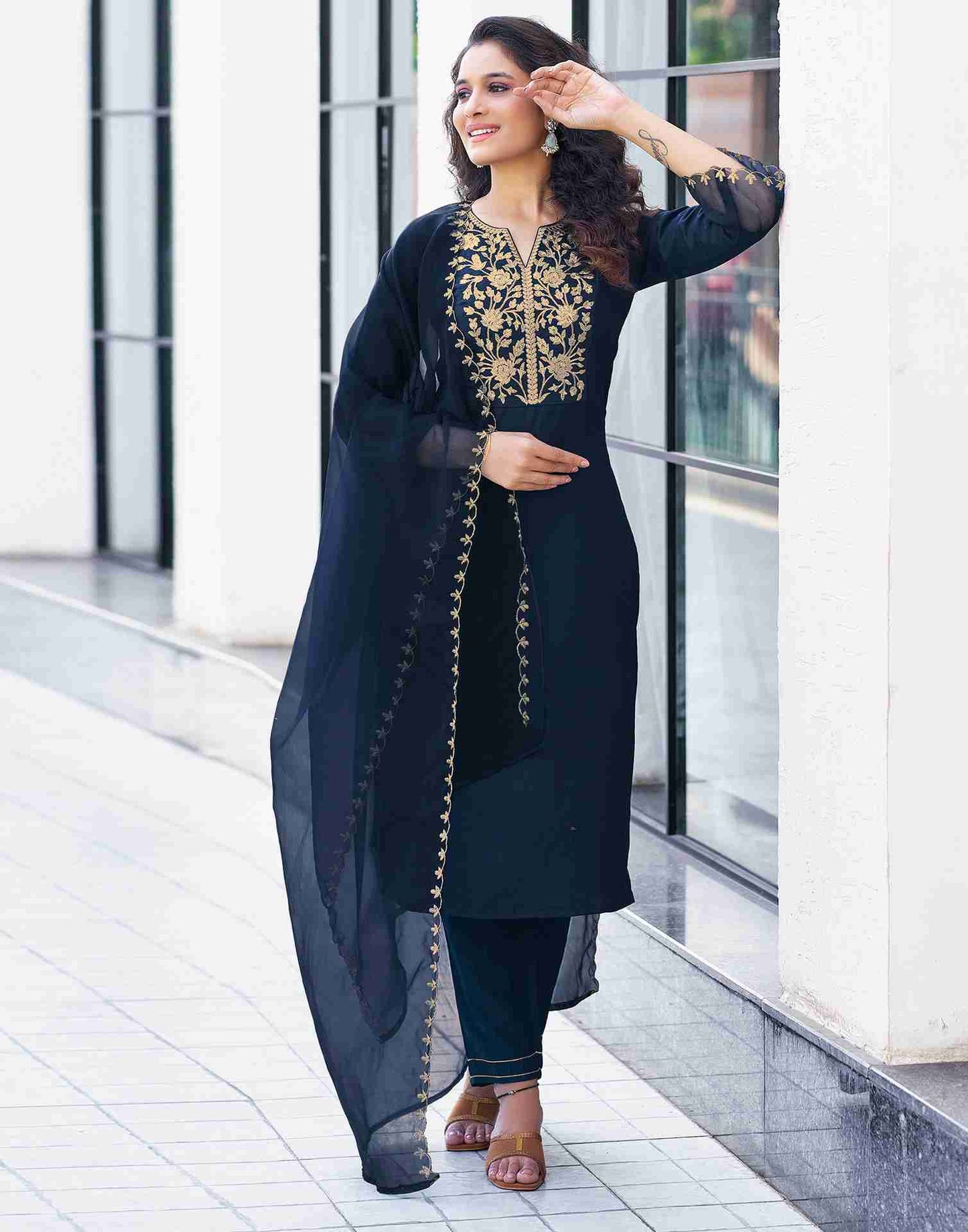 Navy Blue Embroidered Chinnon Kurta With Pant And Dupatta