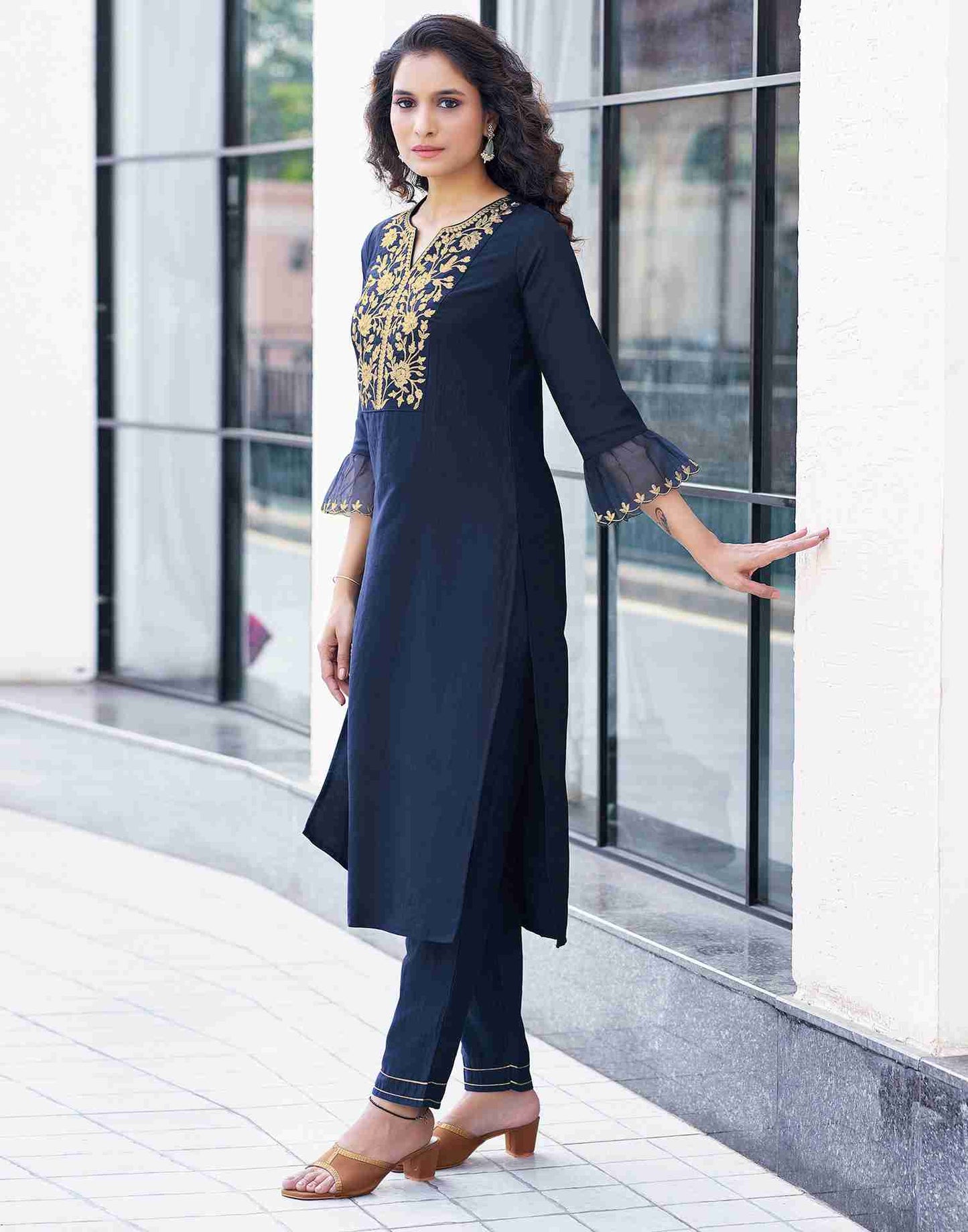 Navy Blue Embroidered Chinnon Kurta With Pant And Dupatta