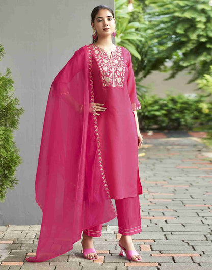 Pink Embroidered Chinnon Kurta Set With Dupatta