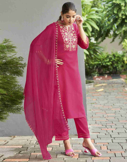 Pink Embroidered Chinnon Kurta Set With Dupatta